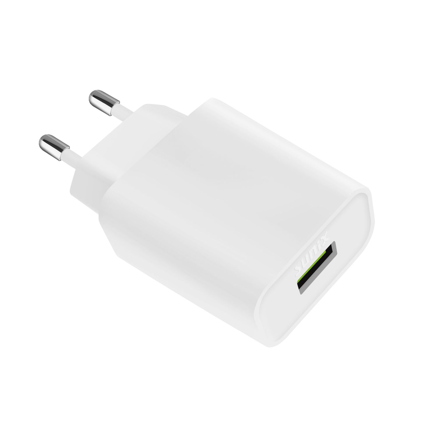 Weißes Telefonladegerät mit zwei Stiften und einem USB-Anschluss. Es ist abgewinkelt.