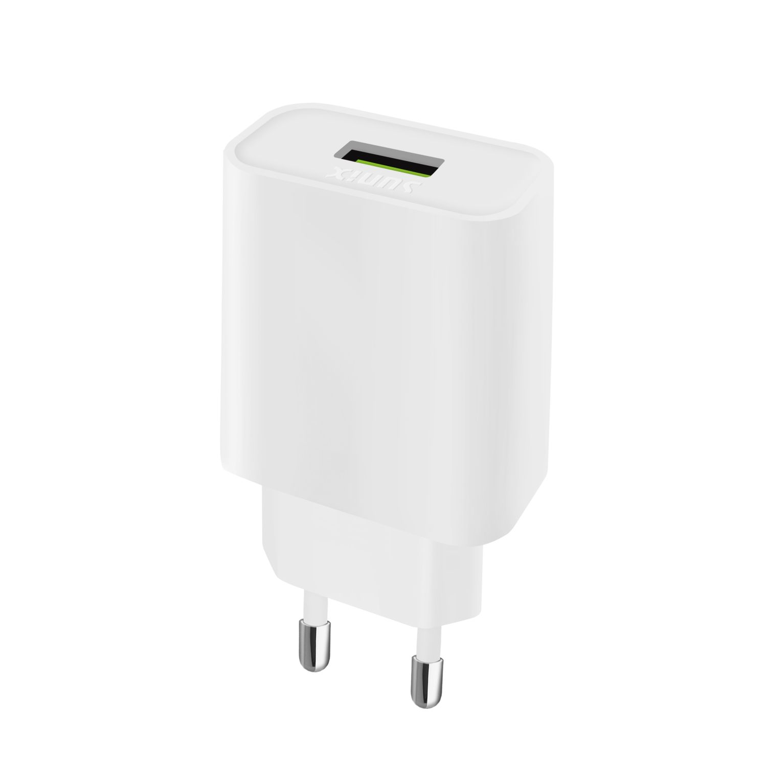 Weißes Wandladegerät mit USB-Anschluss. Der Markenname steht oben. Weißer Hintergrund.