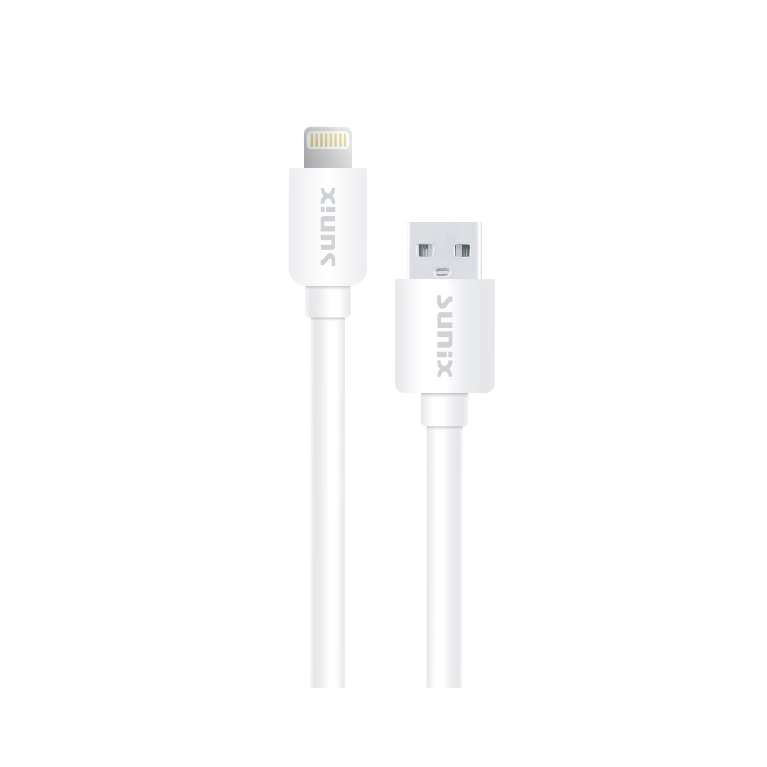 Weißes Ladekabel mit Sunix-Logo, Lightning- und USB-Stecker.