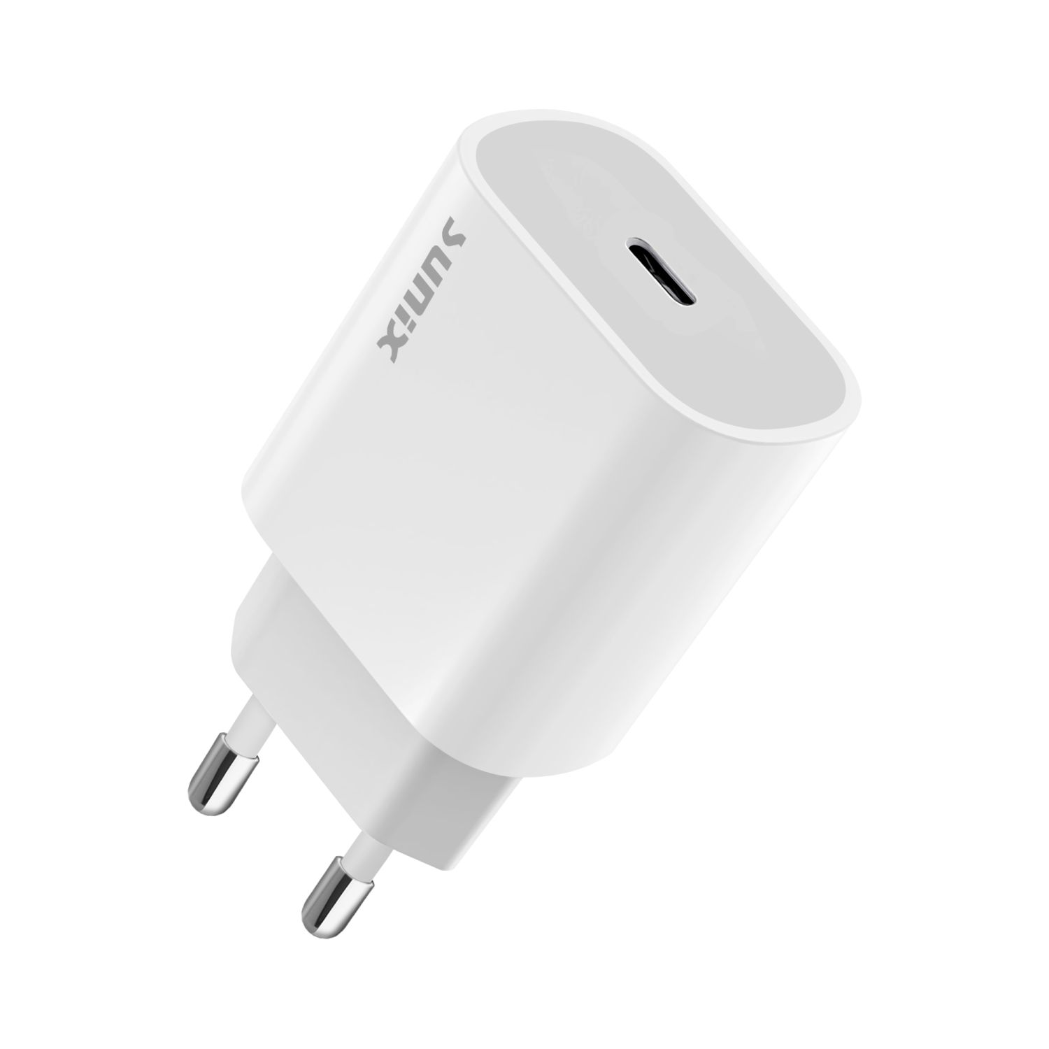 Ein weißes Telefonladegerät mit USB-C-Anschluss und zwei Stiften, isoliert auf Weiß.