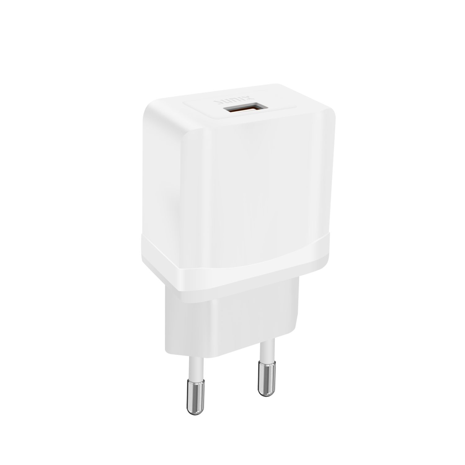 Ein weißes Ladegerät mit zwei Metallstiften, einem USB-Anschluss oben und einer quadratischen Form.