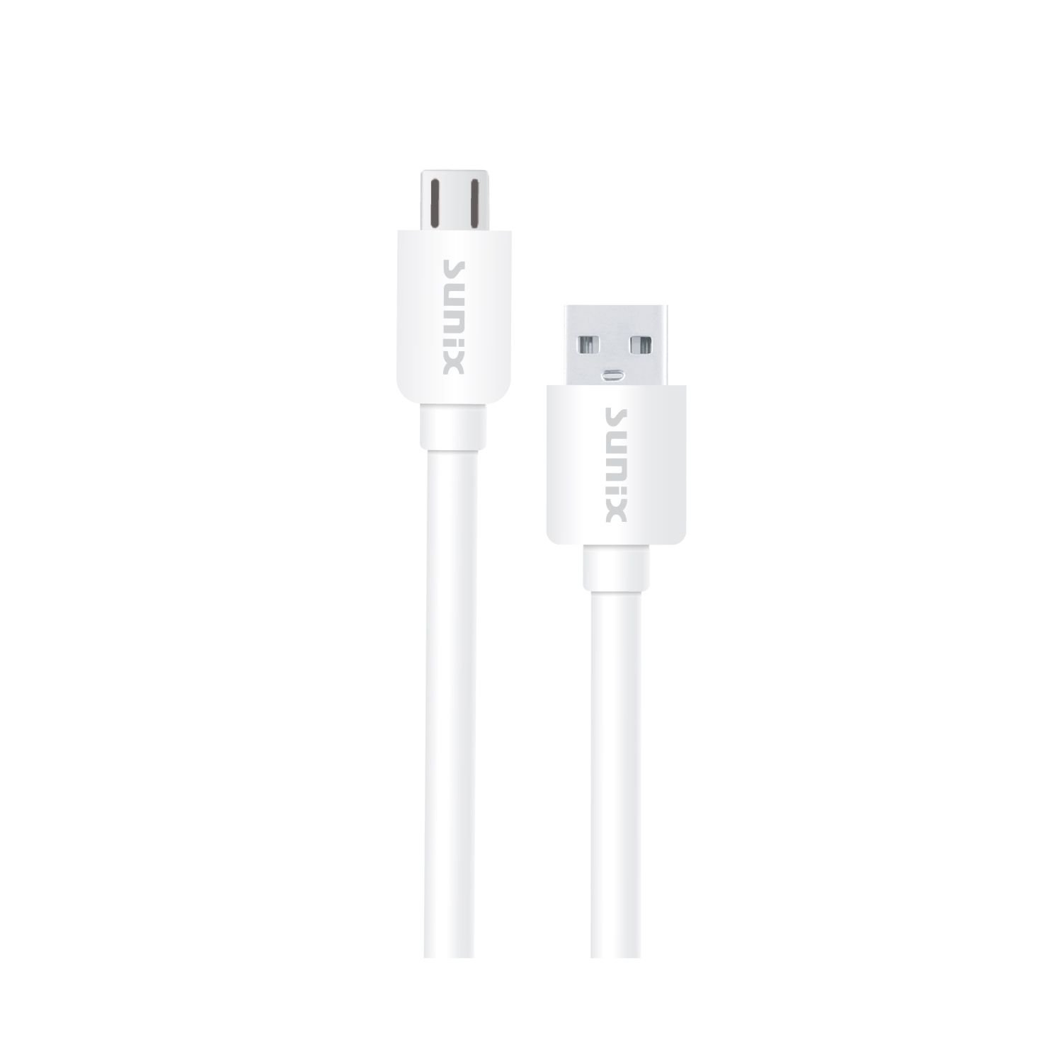 Ein weißes USB-Kabel mit weißem Hintergrund wird gezeigt. Das Kabel hat zwei Anschlüsse.
