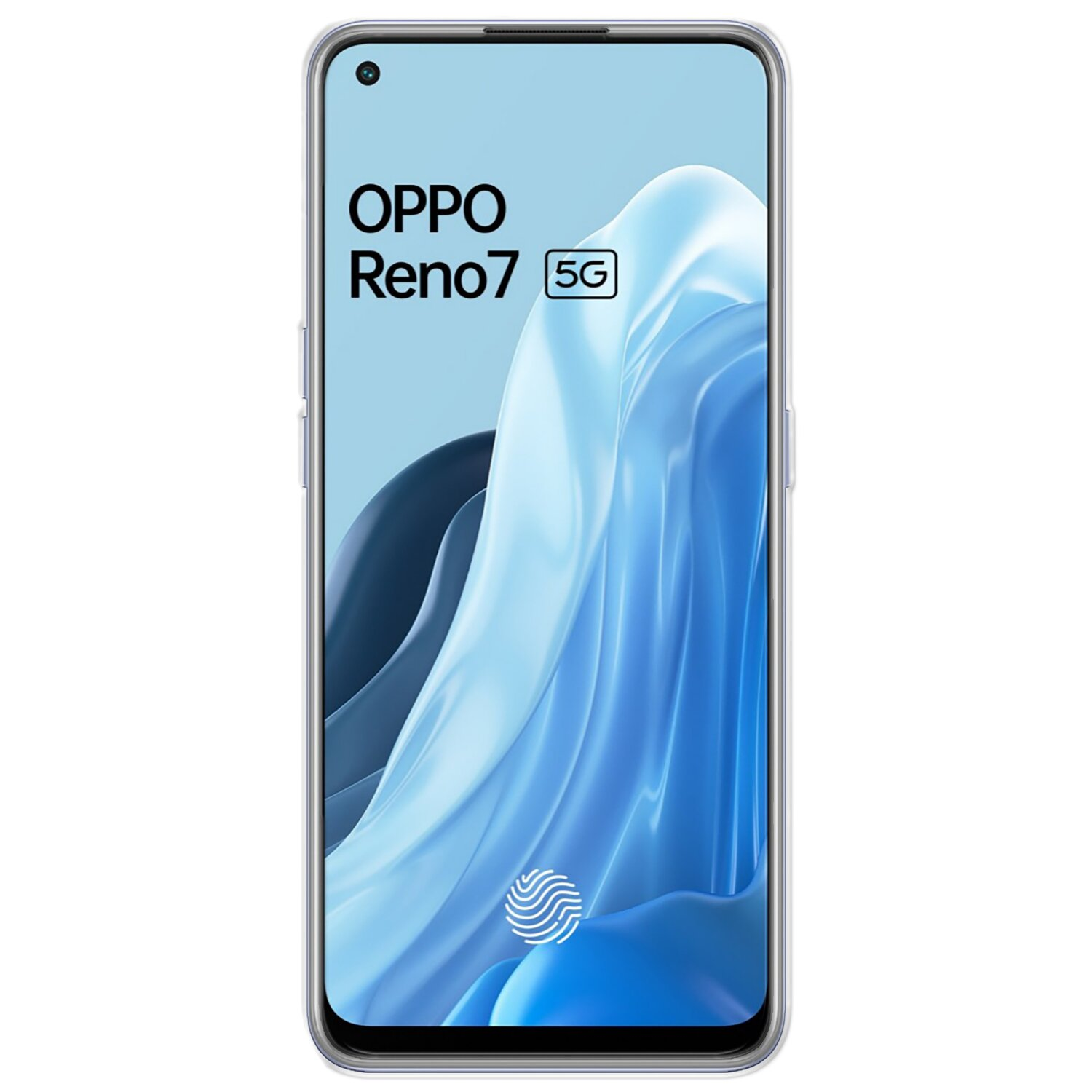 OPPO Reno7 5G Smartphone mit blau-weißem, abstraktem Hintergrund und Fingerabdrucksymbol.