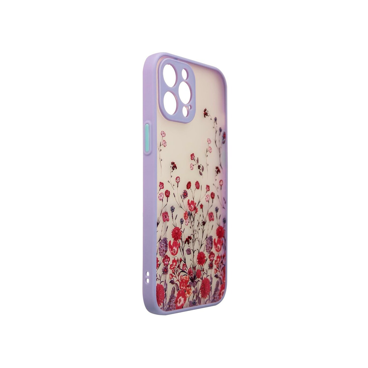 Eine Handyhülle mit floralem Design, lavendelfarbenen Rändern und klarer Rückseite.