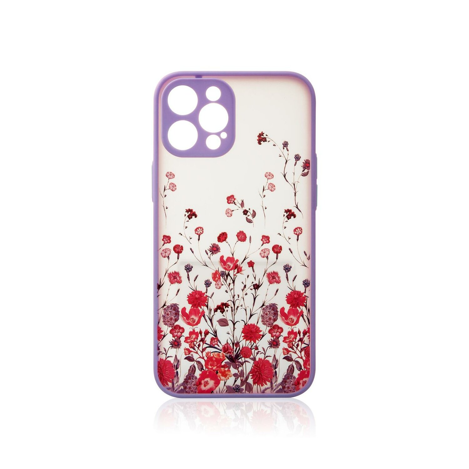 Transparente Handyhülle mit floralem Design und lila Rändern. Das Telefon ist nicht sichtbar.