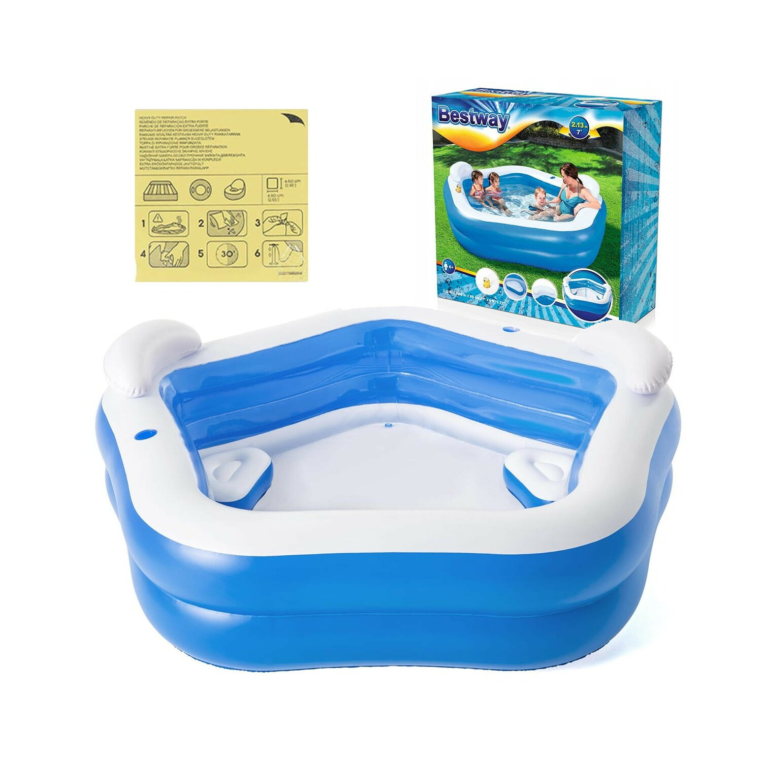 Ein aufblasbarer blauer und weißer Pool mit Anweisungen und Box.