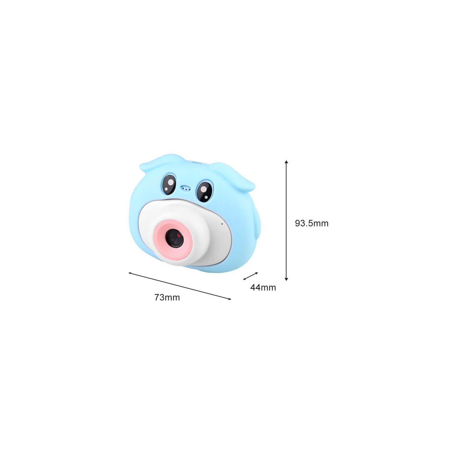 Blaue Spielzeugkamera in Schweineform. Abmessungen sind 73x44x93,5 mm. Sie hat ein Objektiv und einen Knopf.