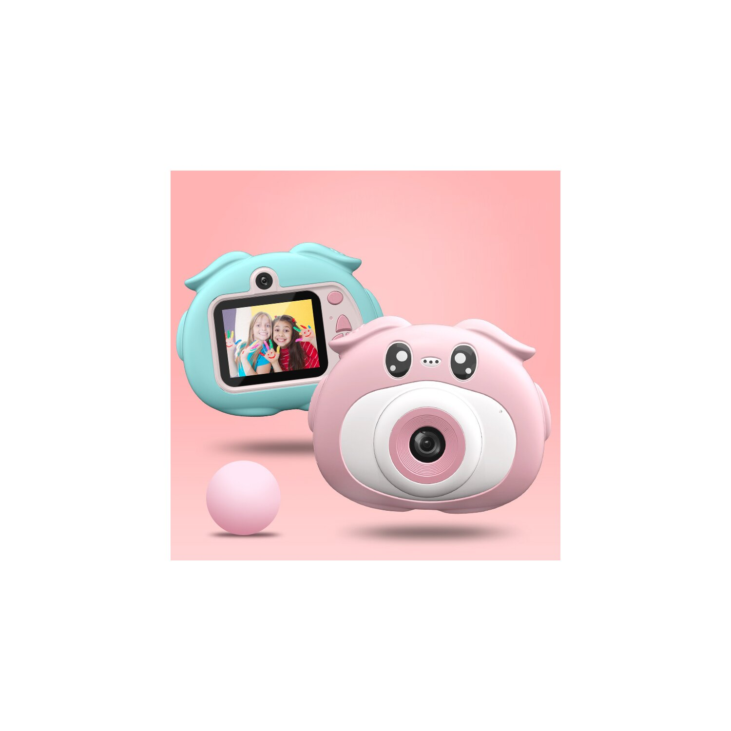 Zwei schweineförmige Spielzeugkameras in Rosa und Blau.