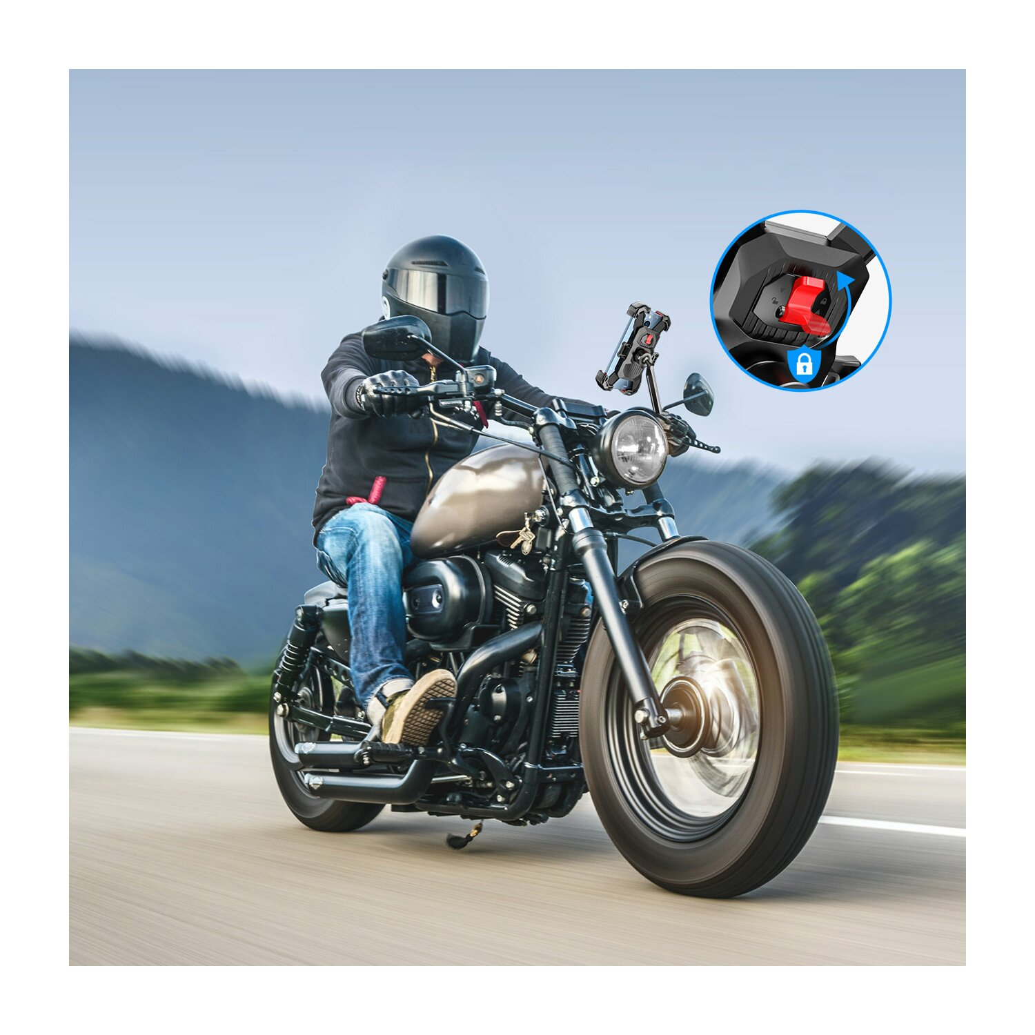 Person auf einem Motorrad. Ein Inset zeigt Telefonhalterung mit Schloss.
