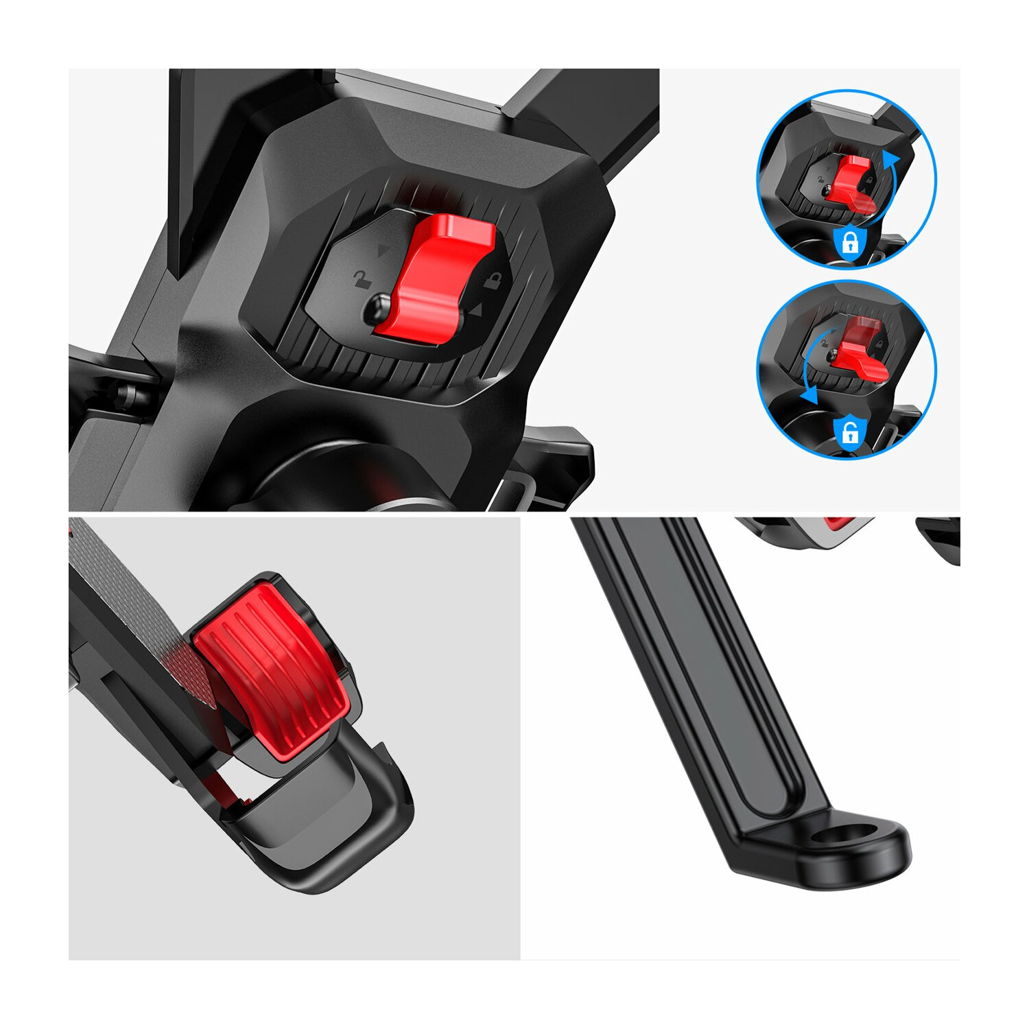Nahaufnahme eines Mechanismus mit rotem Knopf, der Verriegelungs- und Entriegelungspositionen zeigt, und schwarzem Griff.