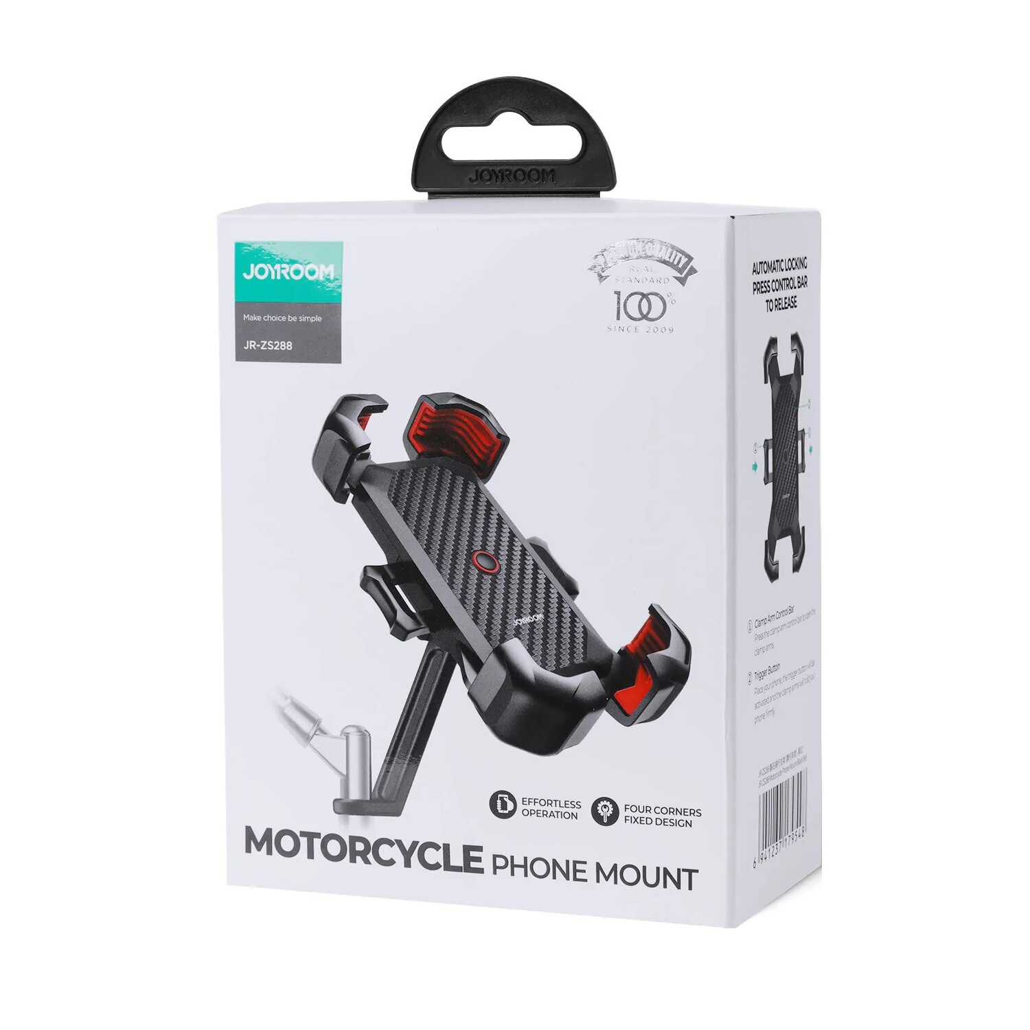 Weiße Schachtel mit einer Motorrad-Telefonhalterung. Die Marke JOYROOM ist auf der Schachtel.