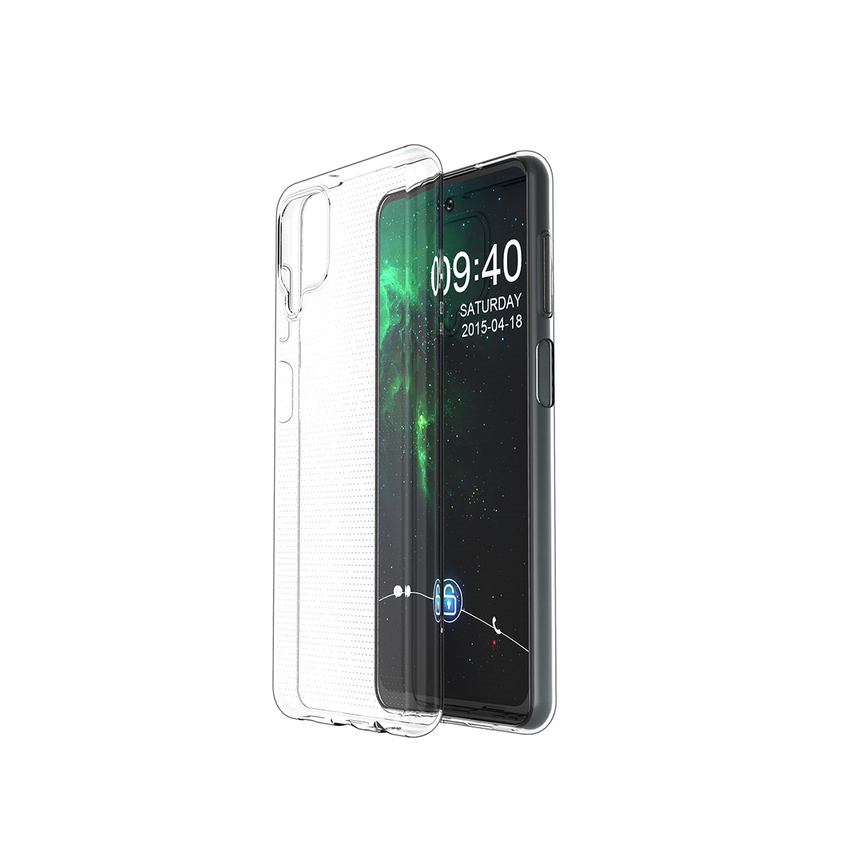 Eine durchsichtige Handyhülle mit einem Handy darin, das einen grünen Bildschirm zeigt.