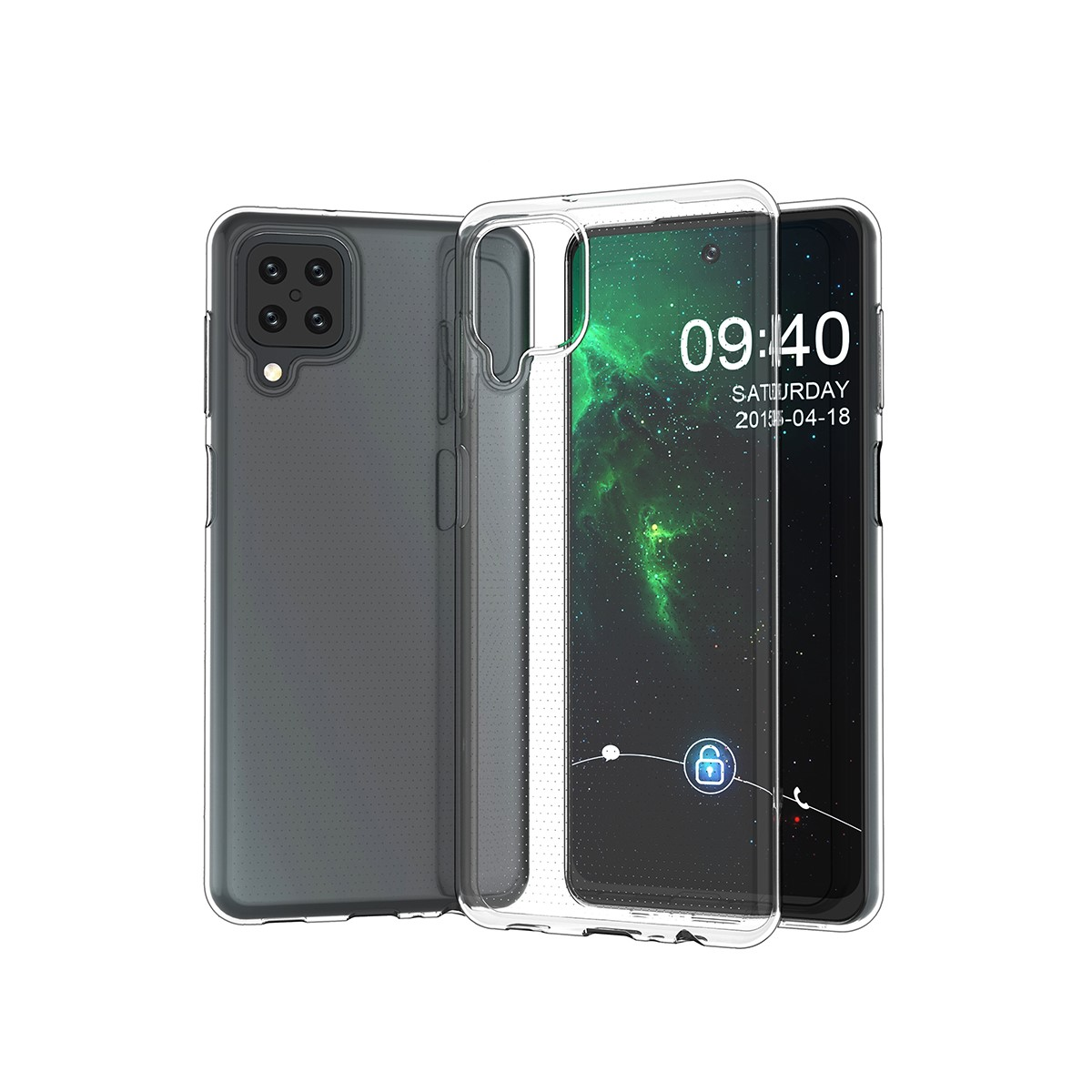 Drei transparente Handyhüllen, eine mit einem Telefon, das Zeit und Datum anzeigt.
