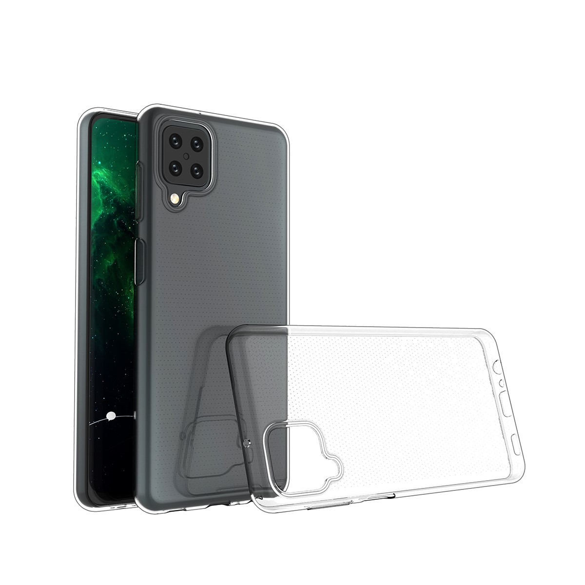 Handyhüllen, eine ist transparent, die andere dunkel, mit einem schwarzen Telefon. Weißer Hintergrund.