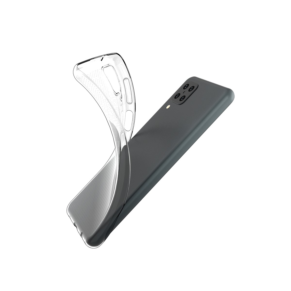 Eine transparente Handyhülle über einem grauen Telefon, isoliert auf weißem Hintergrund.