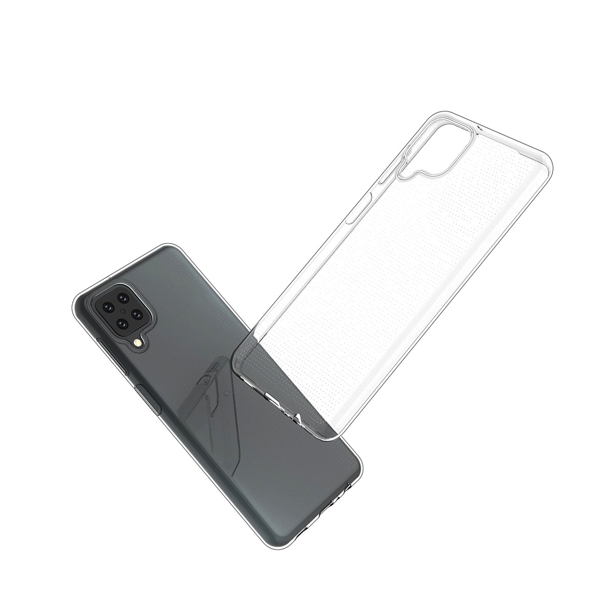 Transparente Handyhülle mit Telefon. Heller Hintergrund.