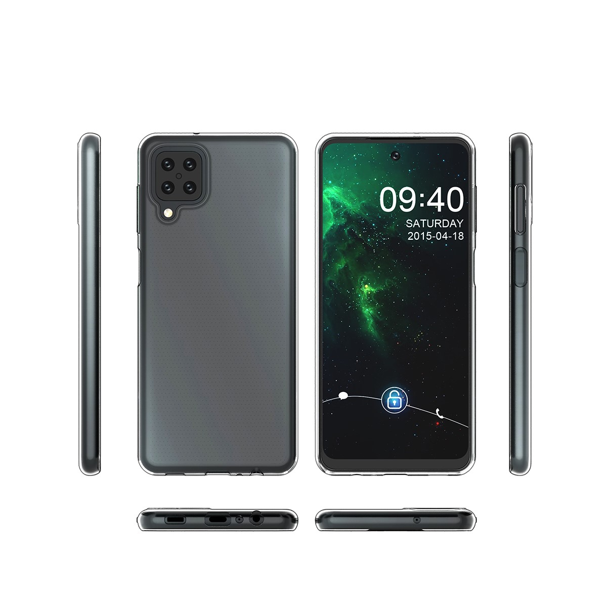 Ein Smartphone mit einer transparenten Hülle, das Zeit und App-Symbole zeigt.