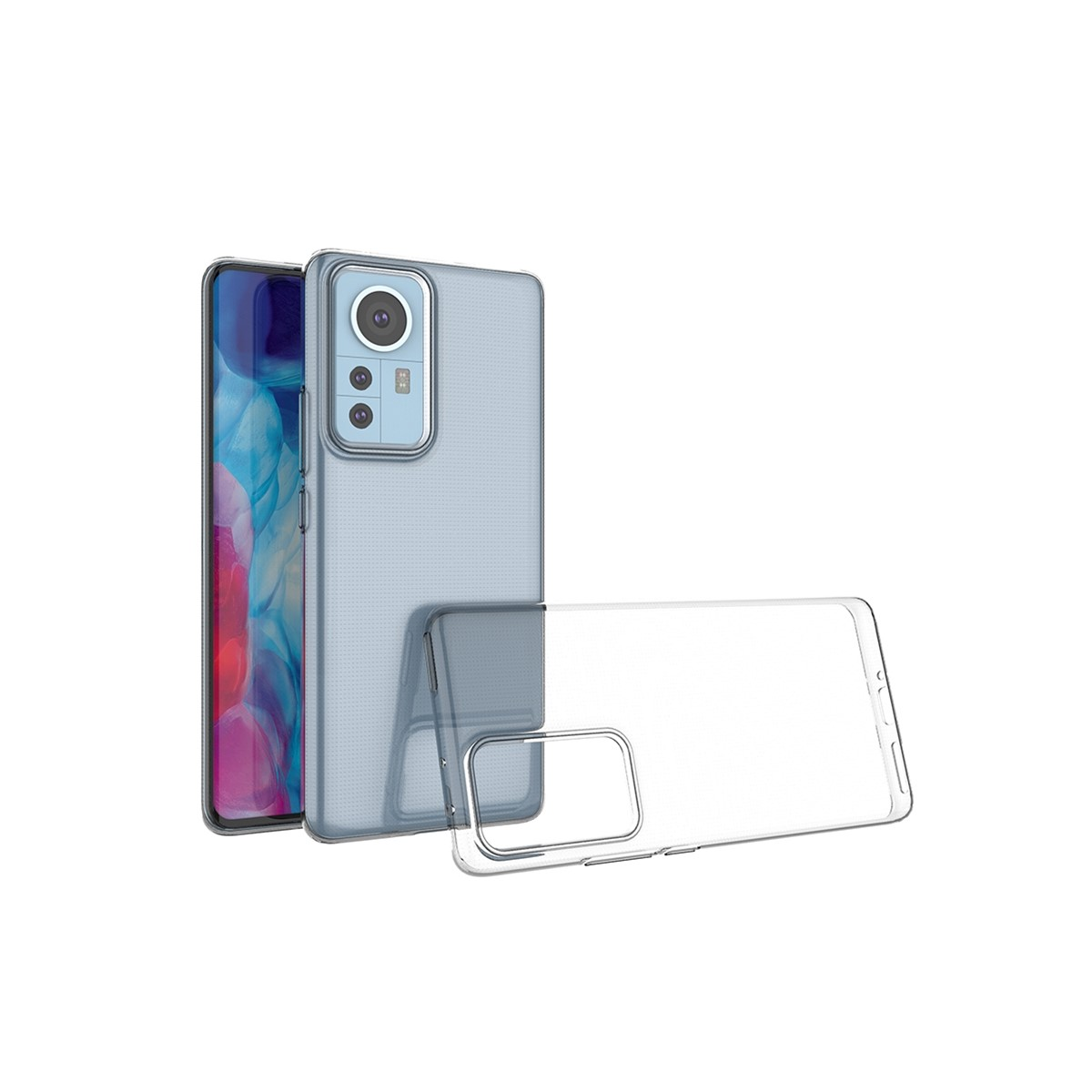 Ein Telefon mit klarer Hülle, zwei weitere Telefone. Eines hat Kamera und Bildschirm sichtbar.