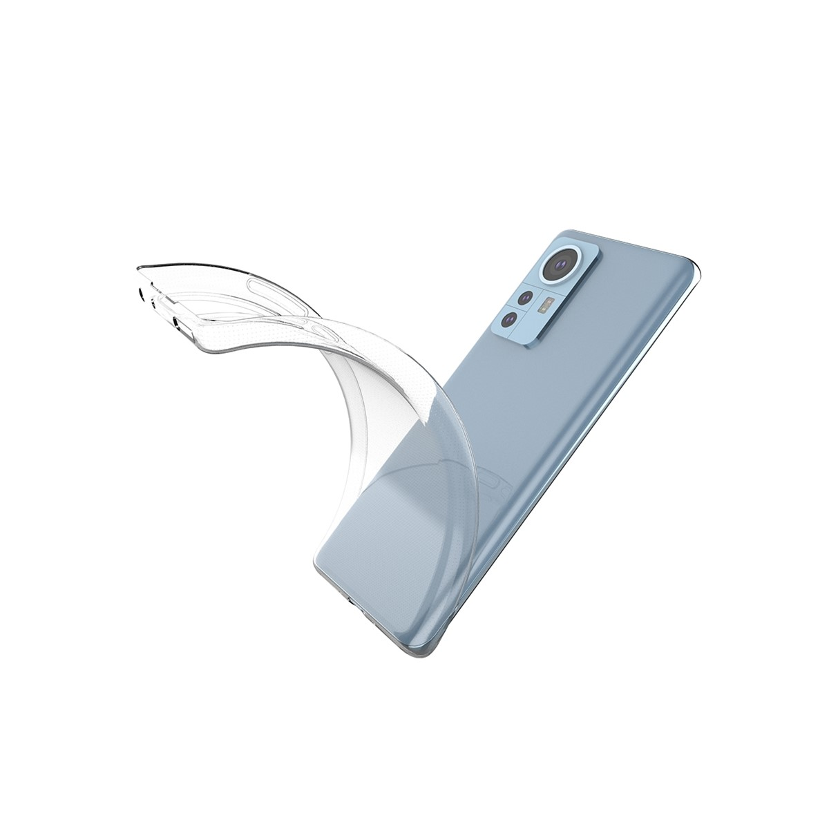 Ein hellblaues Smartphone, von dem eine transparente Hülle abgezogen wird.