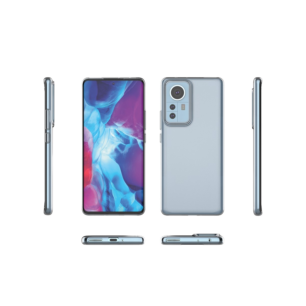 Ein blaues Telefon wird aus verschiedenen Winkeln vor weißem Hintergrund gezeigt.