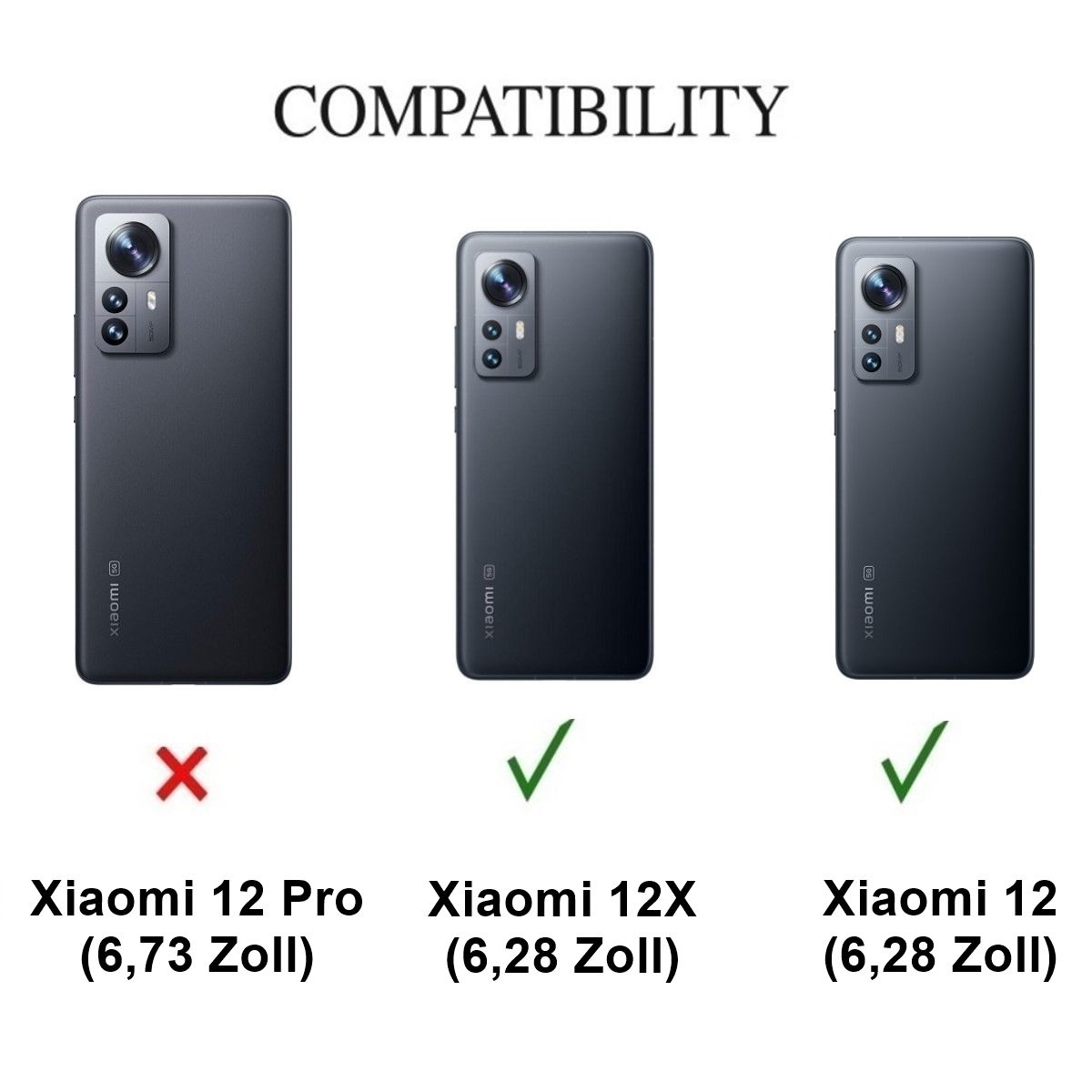 Drei Telefone, eines als nicht kompatibel markiert. Xiaomi 12 Pro ist nicht kompatibel. Weißer Hintergrund.