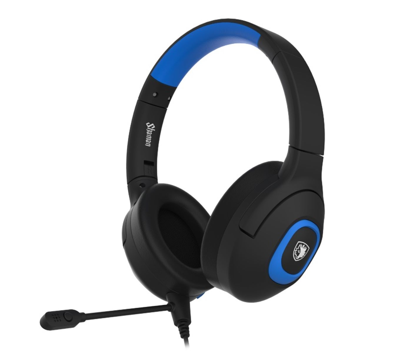 Schwarzes und blaues Gaming-Headset mit Mikrofon.