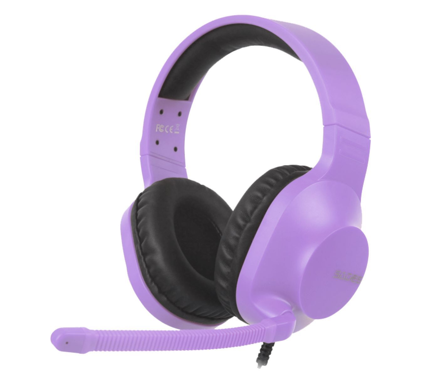 Ein lila Headset mit Mikrofon. Das Headset hat schwarze Ohrmuscheln und ein lila Kopfband.