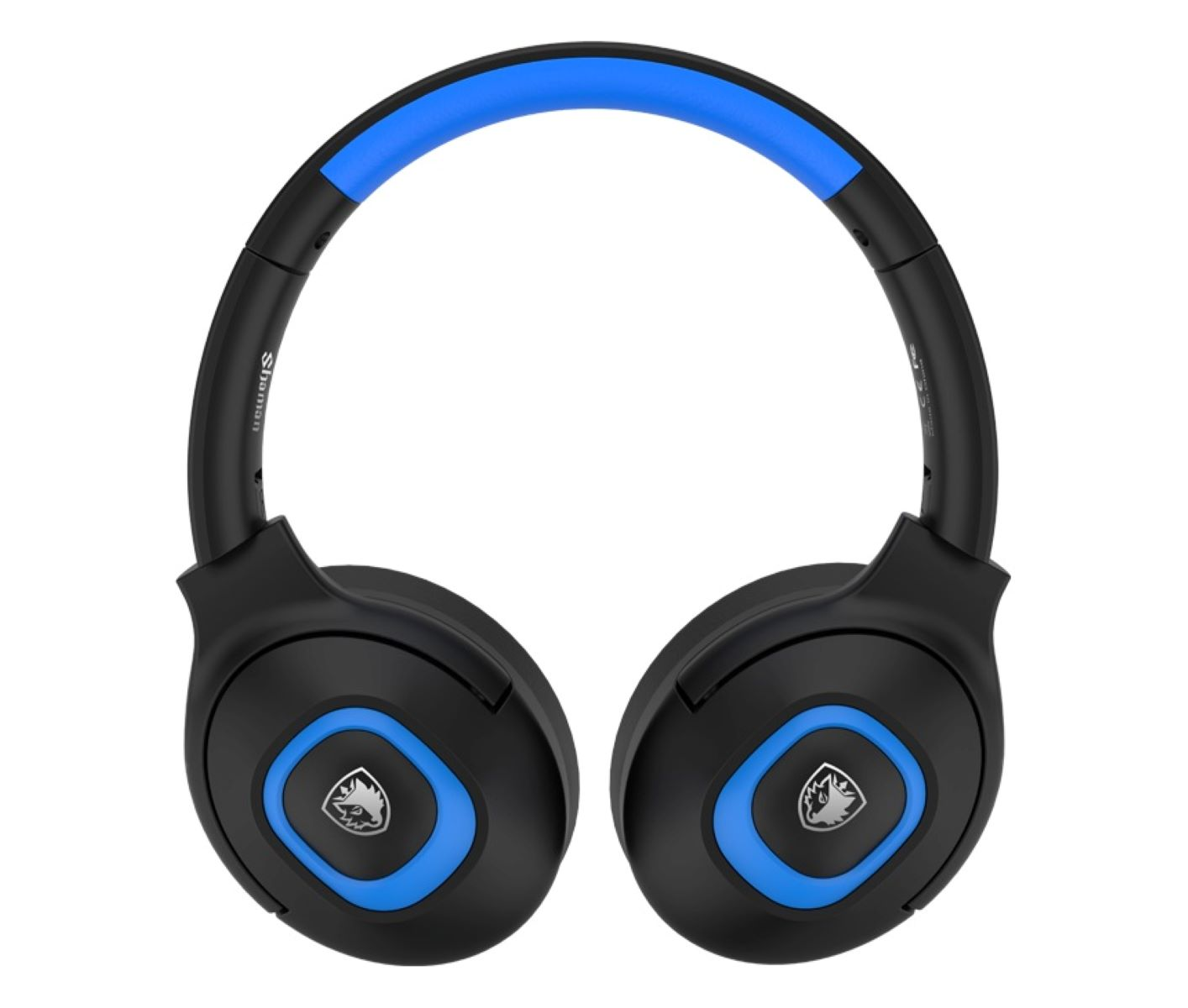 Schwarze und blaue Over-Ear-Kopfhörer mit Markenlogo auf den Ohrmuscheln auf weißem Grund.