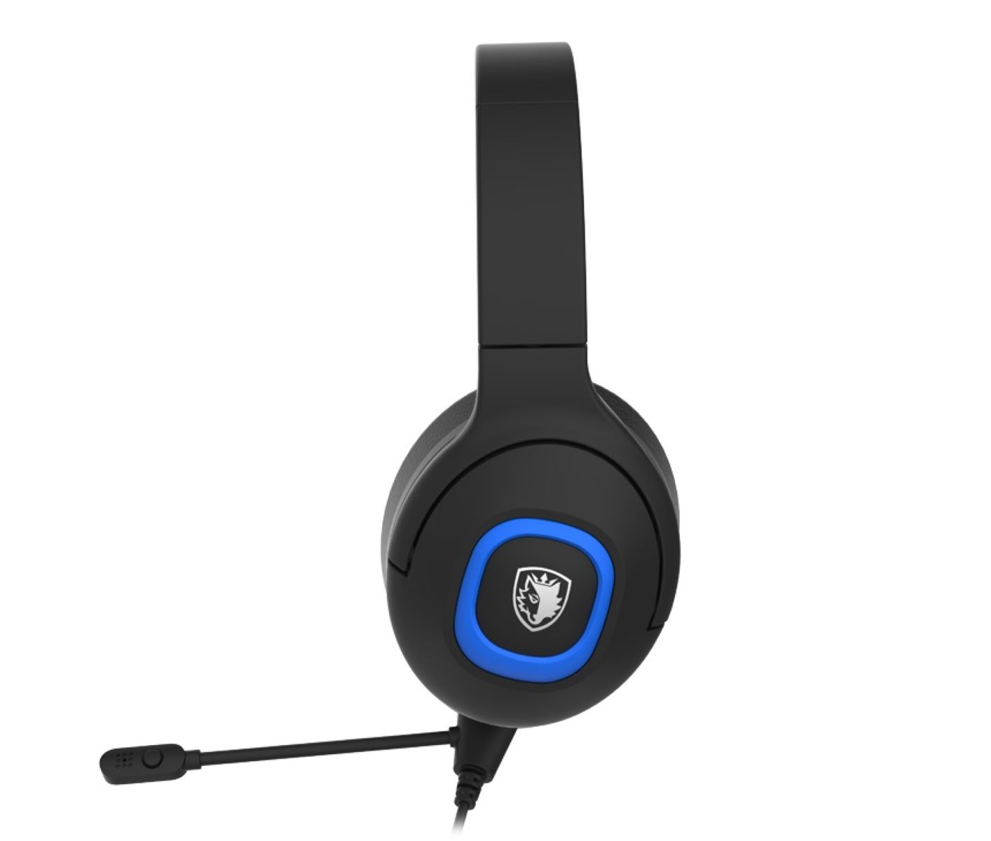 Ein schwarzes Gaming-Headset mit blauem Akzent auf der Ohrmuschel.