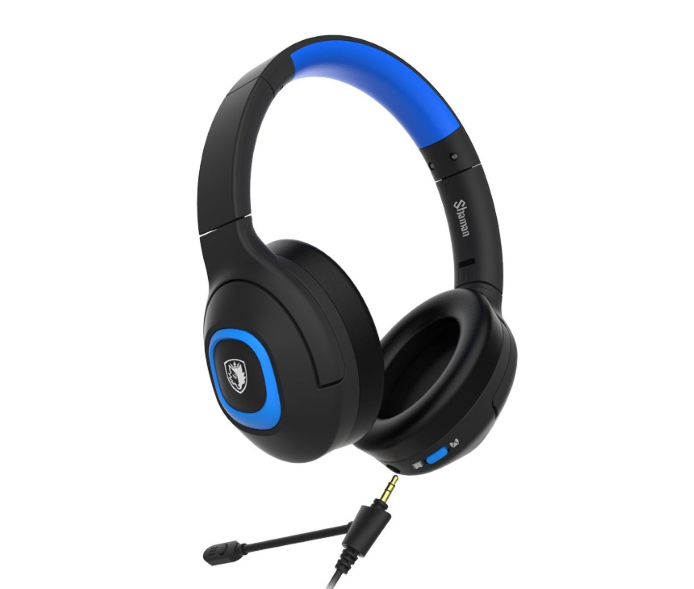 Schwarzes und blaues Gaming-Headset mit Mikrofon und angeschlossener Audiobuchse.