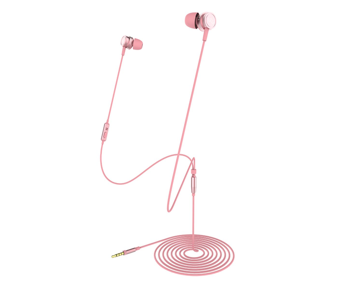 Rosa Ohrhörer mit Mikrofon und 3,5 mm Klinke. Das Kabel ist rosa.