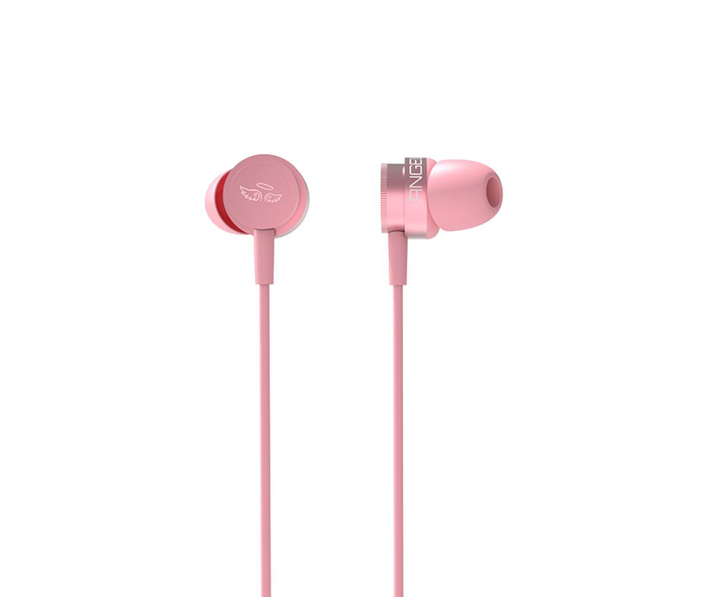 Pinke In-Ear-Kopfhörer mit pinken Kabeln, weißer Hintergrund. Die Marke ist Angel.