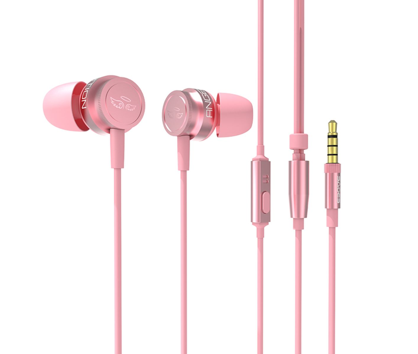 Rosa In-Ear-Kopfhörer. Kabel, Steuerung und 3,5-mm-Klinke sind sichtbar.