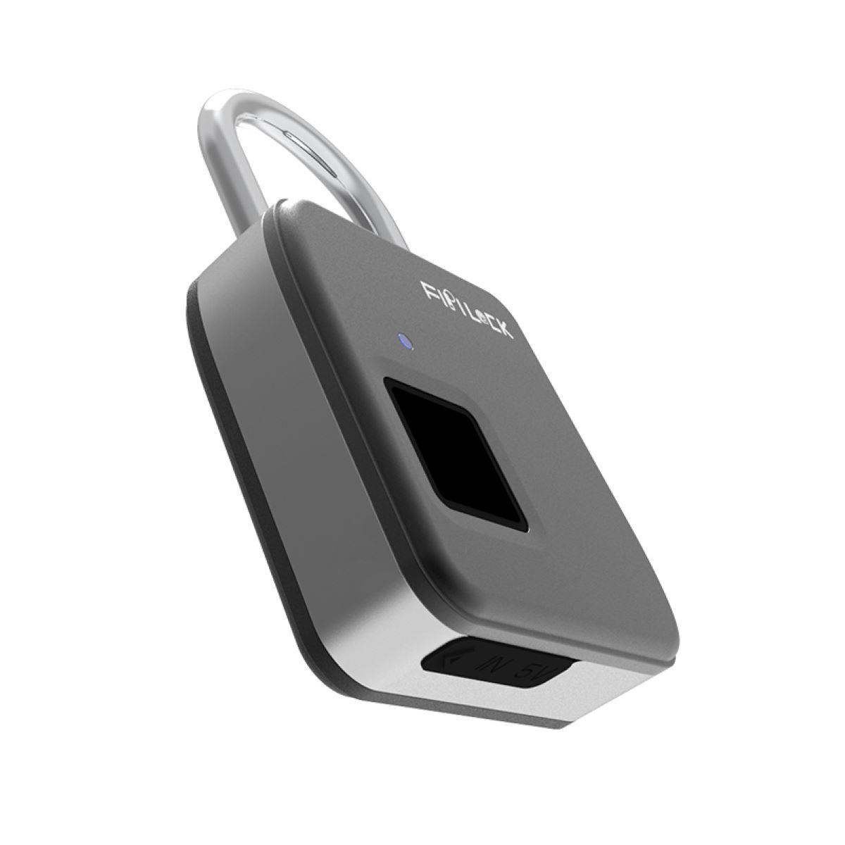 Fingerabdruck-Vorhängeschloss, grau und silberfarben, mit gebogenem Griff und schwarzem Sensor.