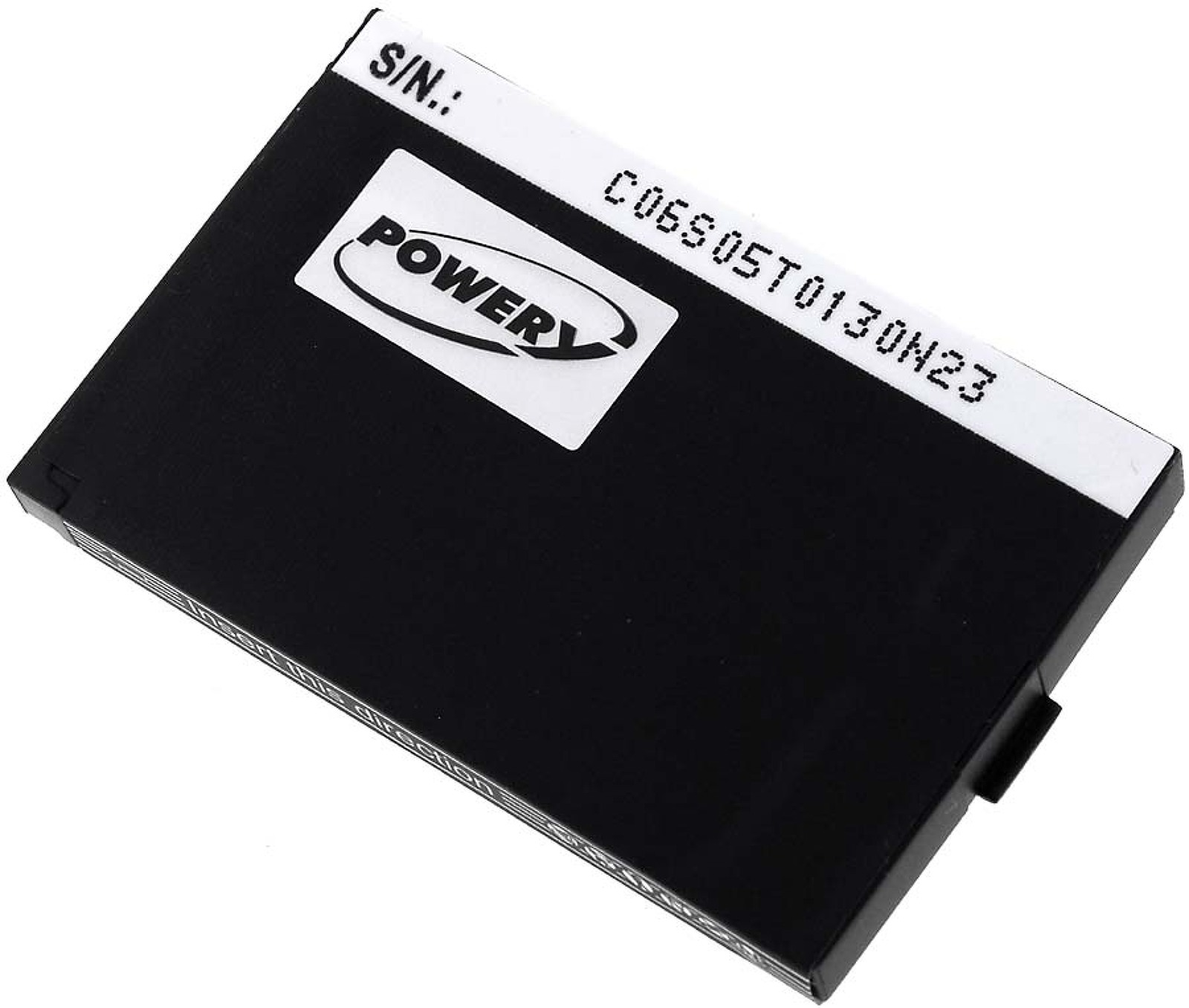 Batería negra con etiqueta blanca 'POWER' y número de serie. Forma rectangular negra.