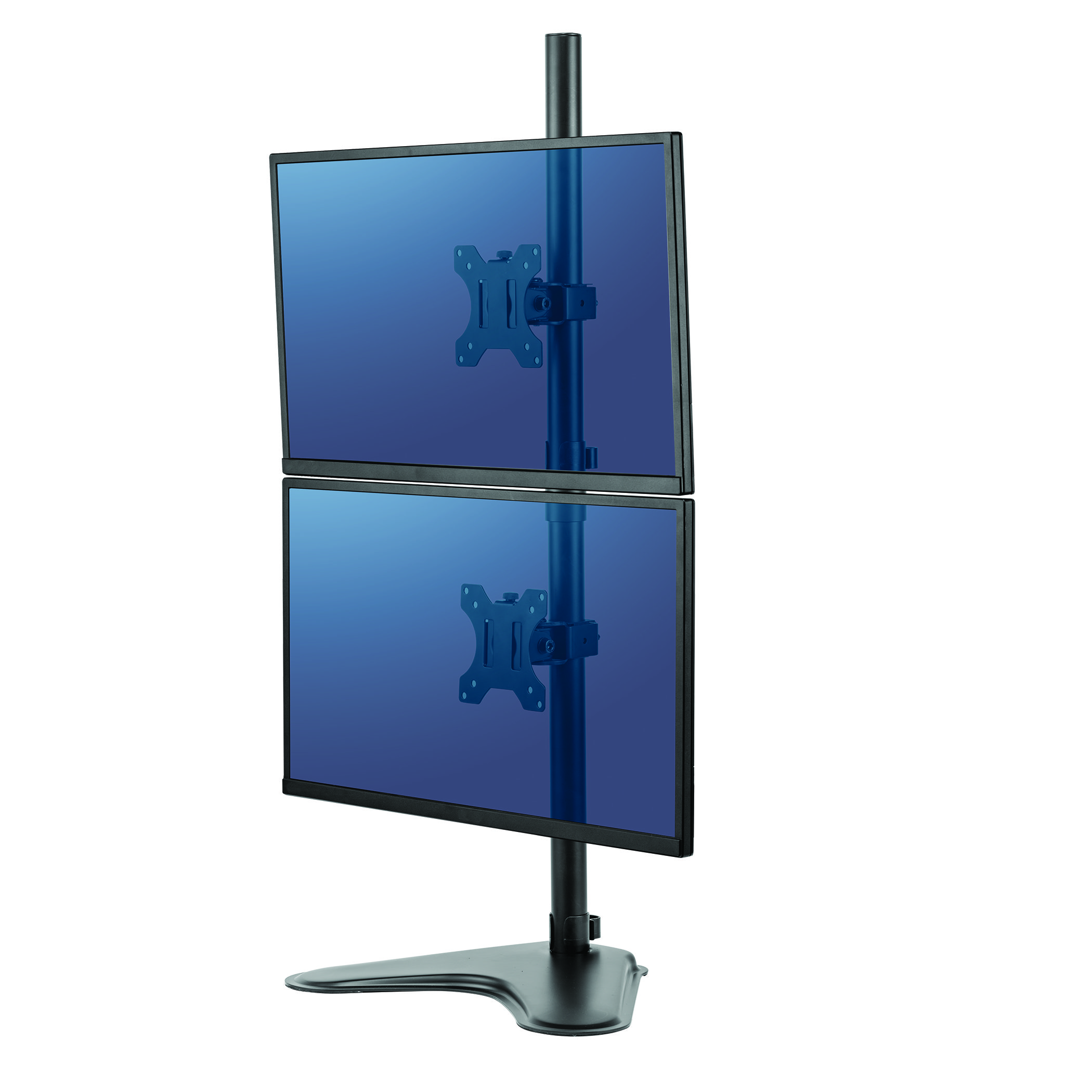 Due monitor per computer impilati verticalmente su un supporto nero. Sfondo bianco.