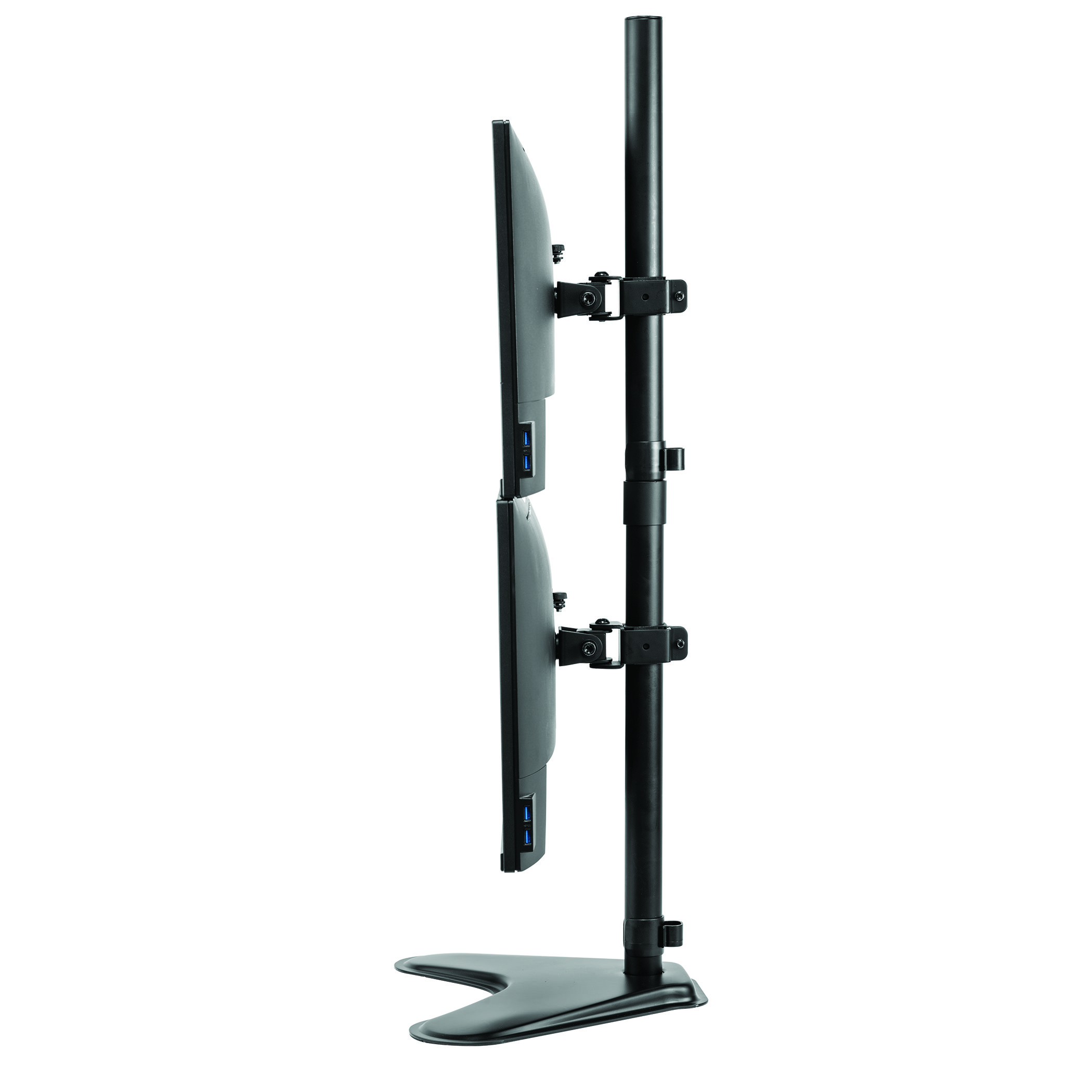 Supporto nero per doppio monitor con due monitor collegati, posizionato su una base.