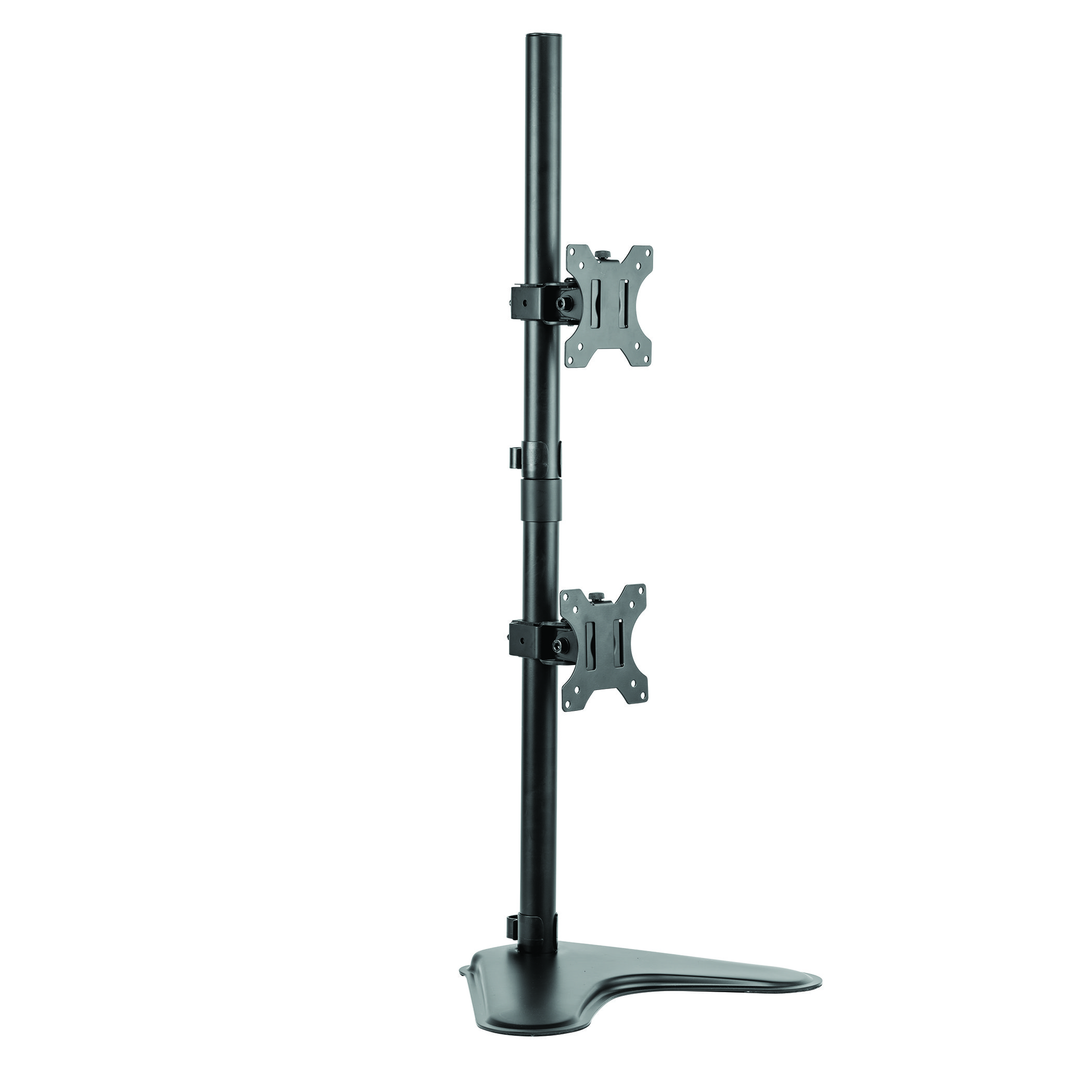 Un supporto nero per due monitor con bracci regolabili. È montato su una base nera.