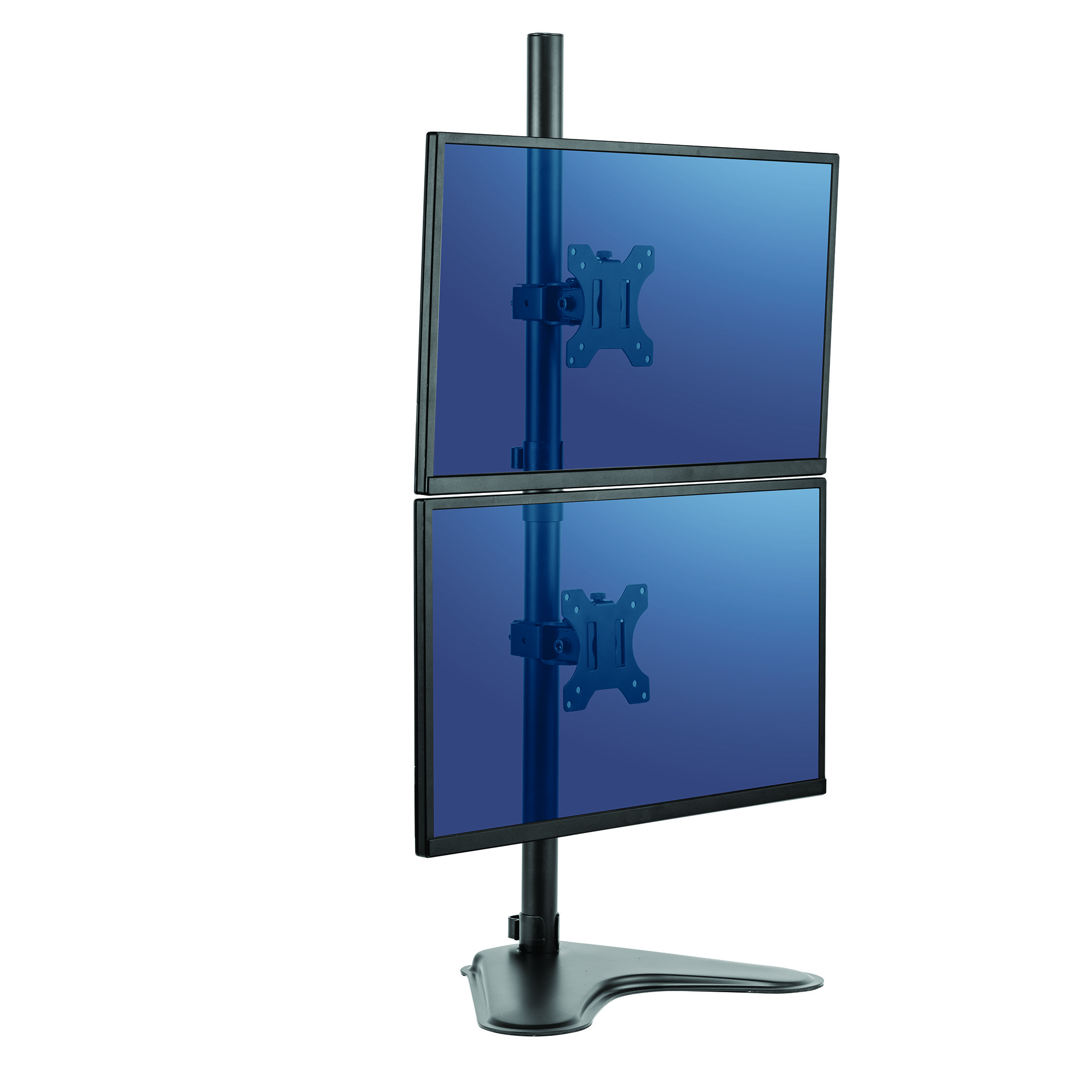 Due monitor per computer impilati verticalmente su un supporto nero. Gli schermi sono blu e lo sfondo è bianco.
