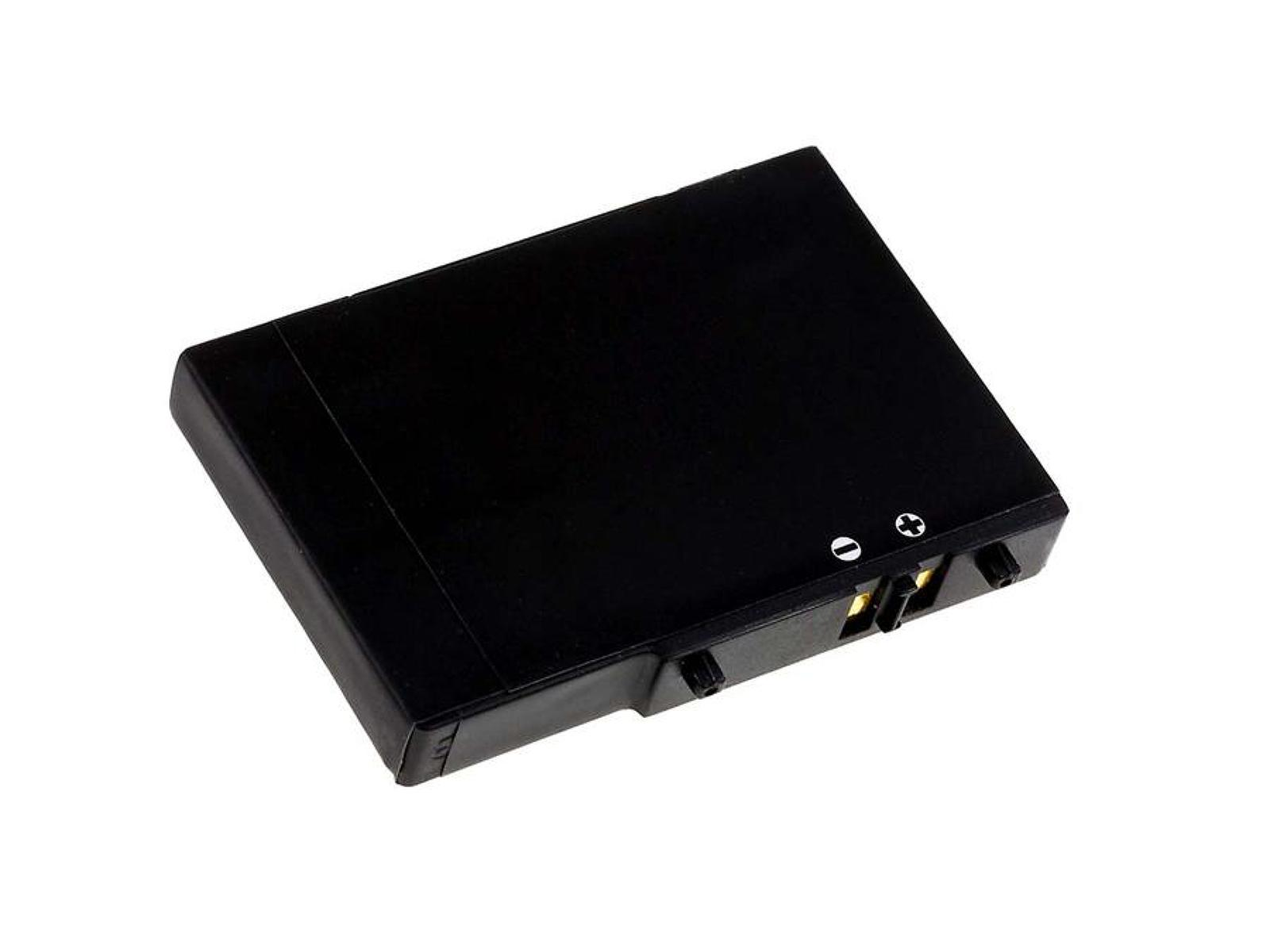 Eine schwarze rechteckige Batterie mit Markierungen für Plus- und Minuspol.