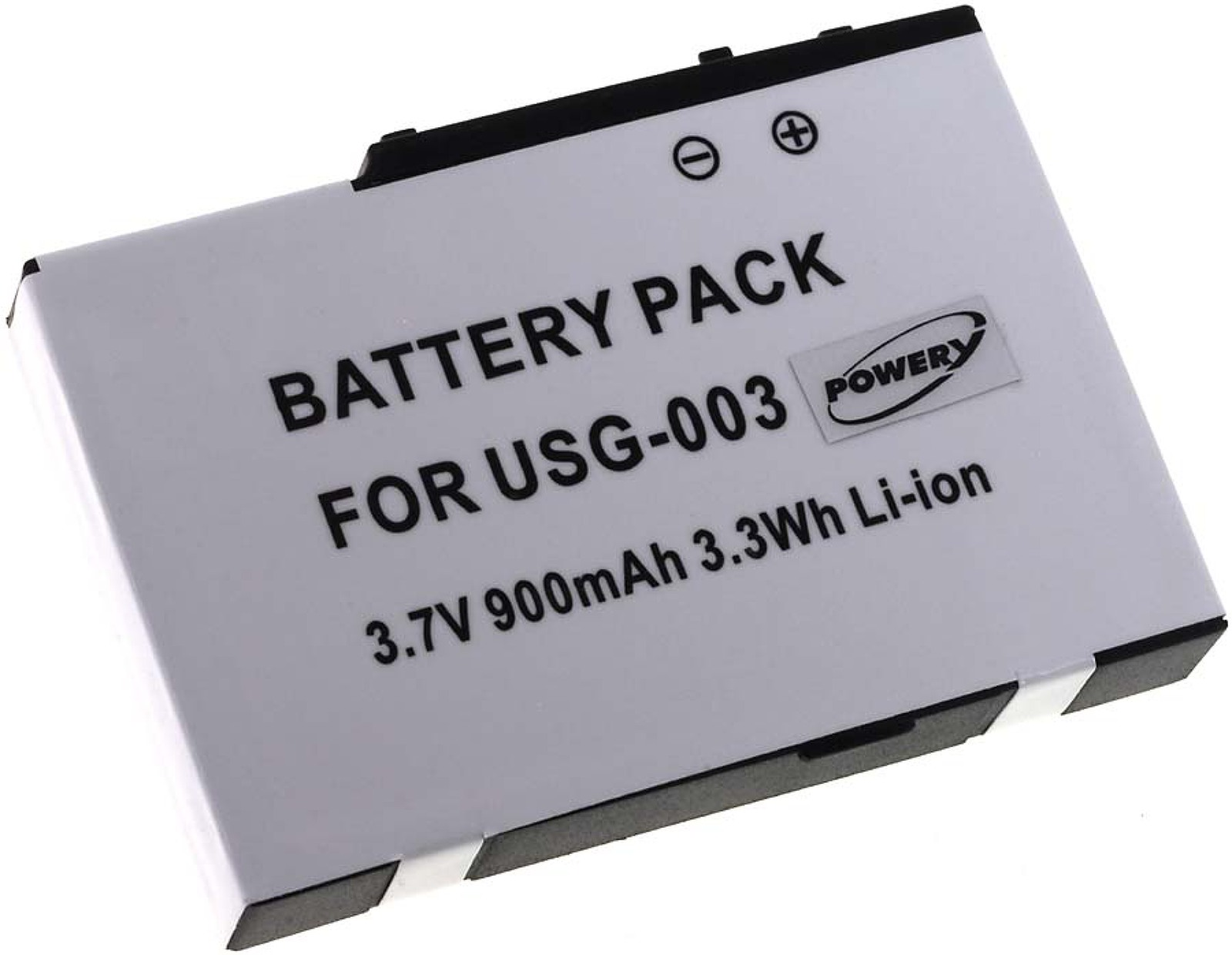 Ein weißes Akkupack mit Text: 'BATTERY PACK FOR USG-003' und andere technische Daten.