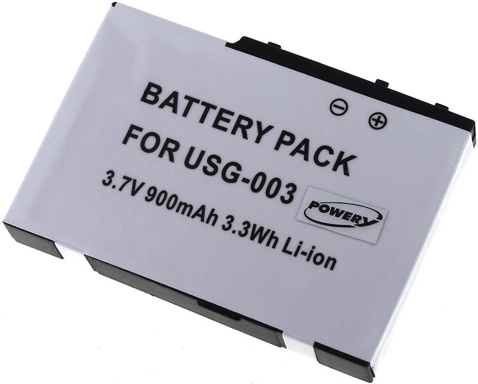Weißer Akku mit schwarzem Text: 'BATTERY PACK FOR USG-003', 3,7V und 'POWERY'-Logo.
