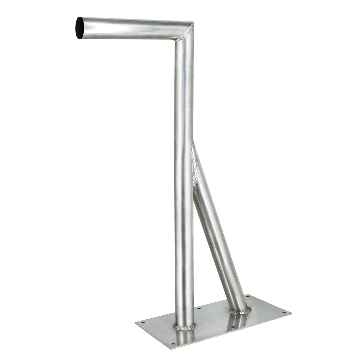 Silberne Metallmaststruktur mit horizontalem Arm und Grundplatte.