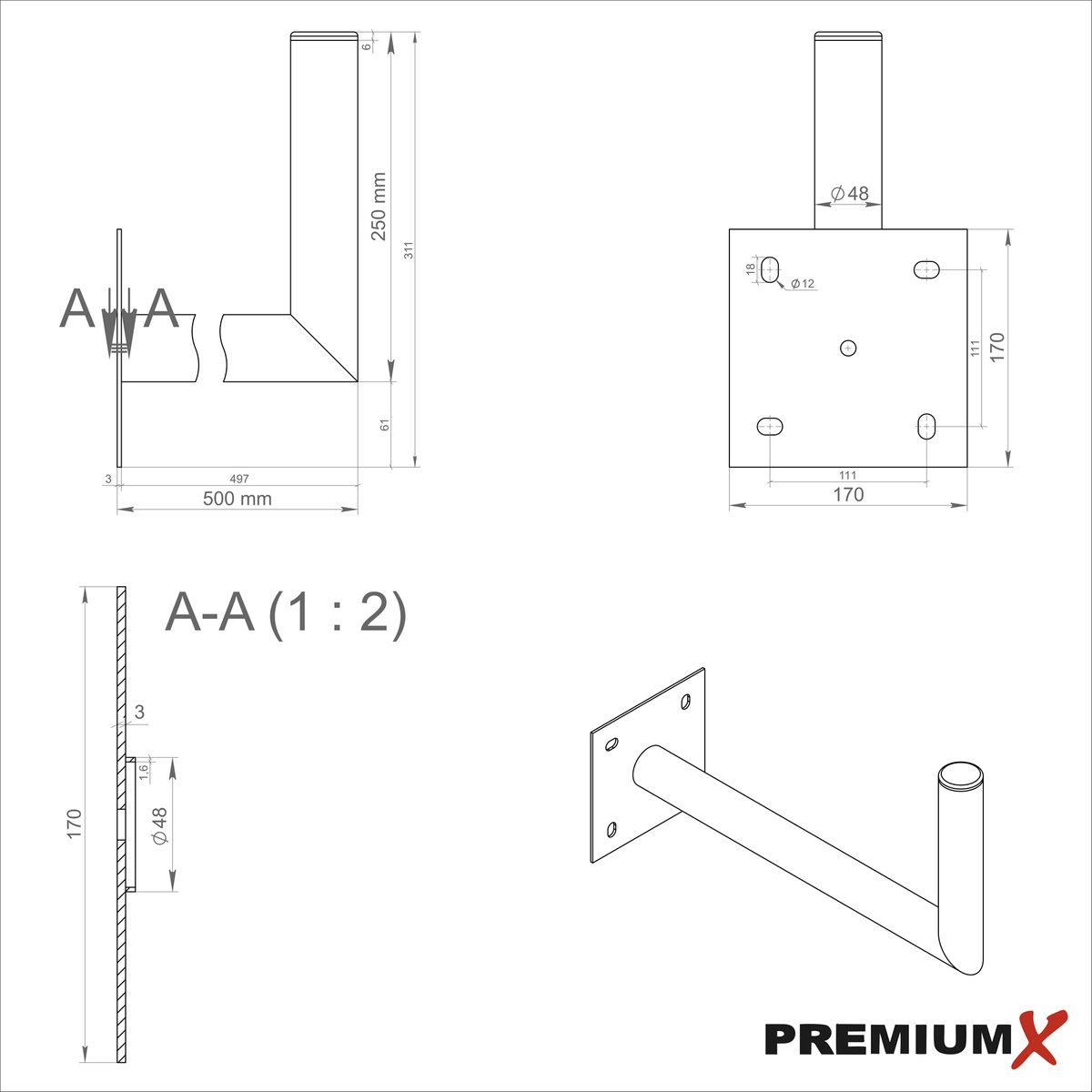 Antenne cm verzinkt Stahl Wandhalter Schraubensatz Silber PREMIUMX 45-50 SAT-Wandhalterung, Wandhalterung