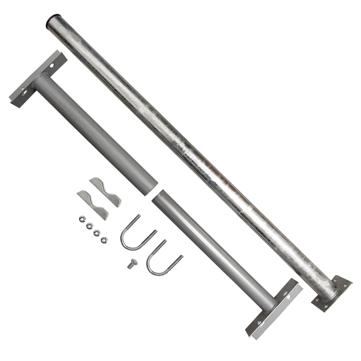 Metallstangen und Halterungen. Verschiedene Größen und Formen. Weißer Hintergrund.