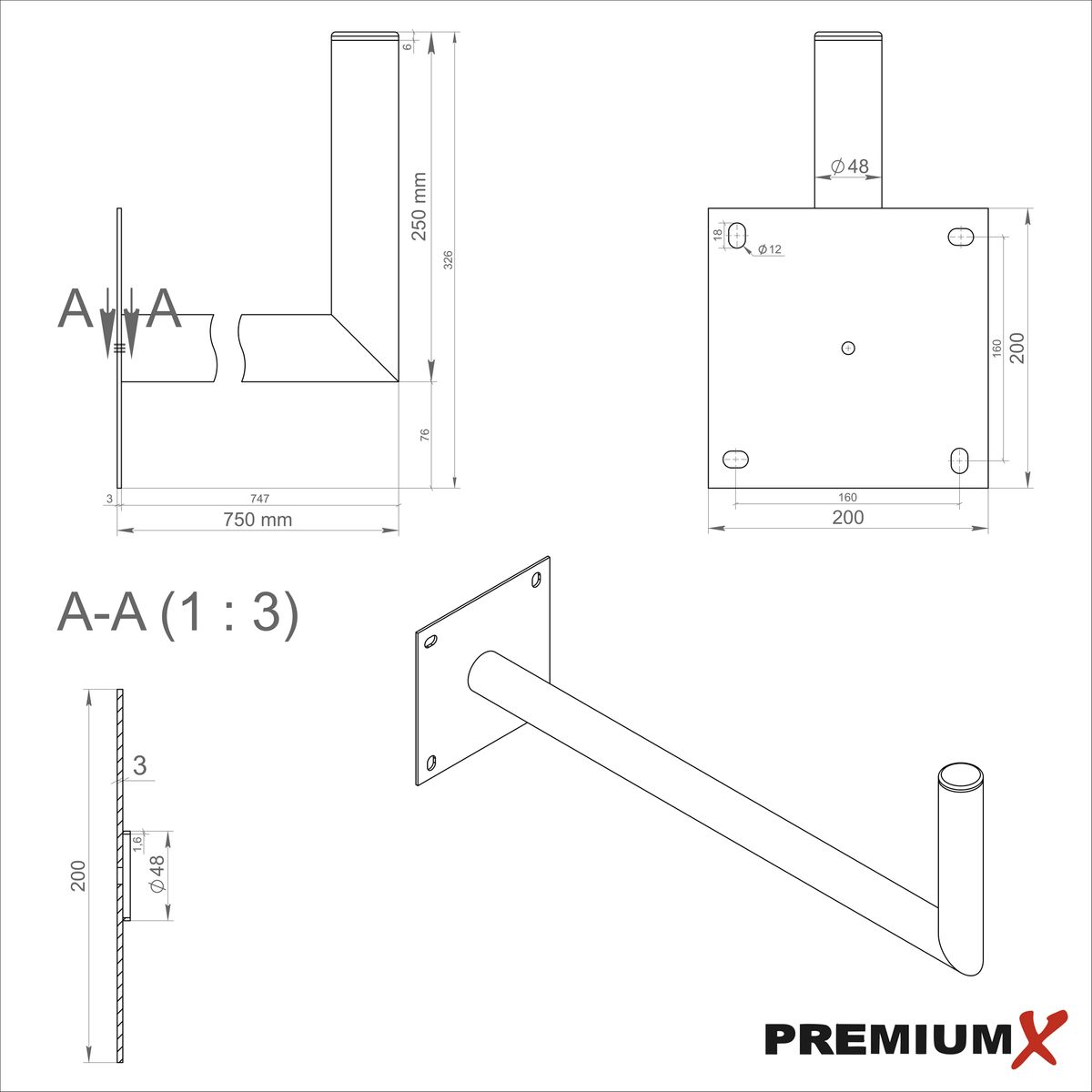 Technische Zeichnung einer Metallhalterung. Sie hat Abmessungen und ein 'PREMIUMX'-Logo.
