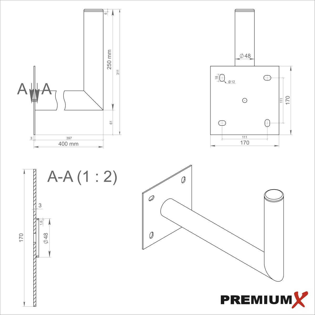 PREMIUMX 40cm Wandhalter SAT + Antenne verzinkt cm SAT-Wandhalterung, Stahl 40 Schraubensatz Silber