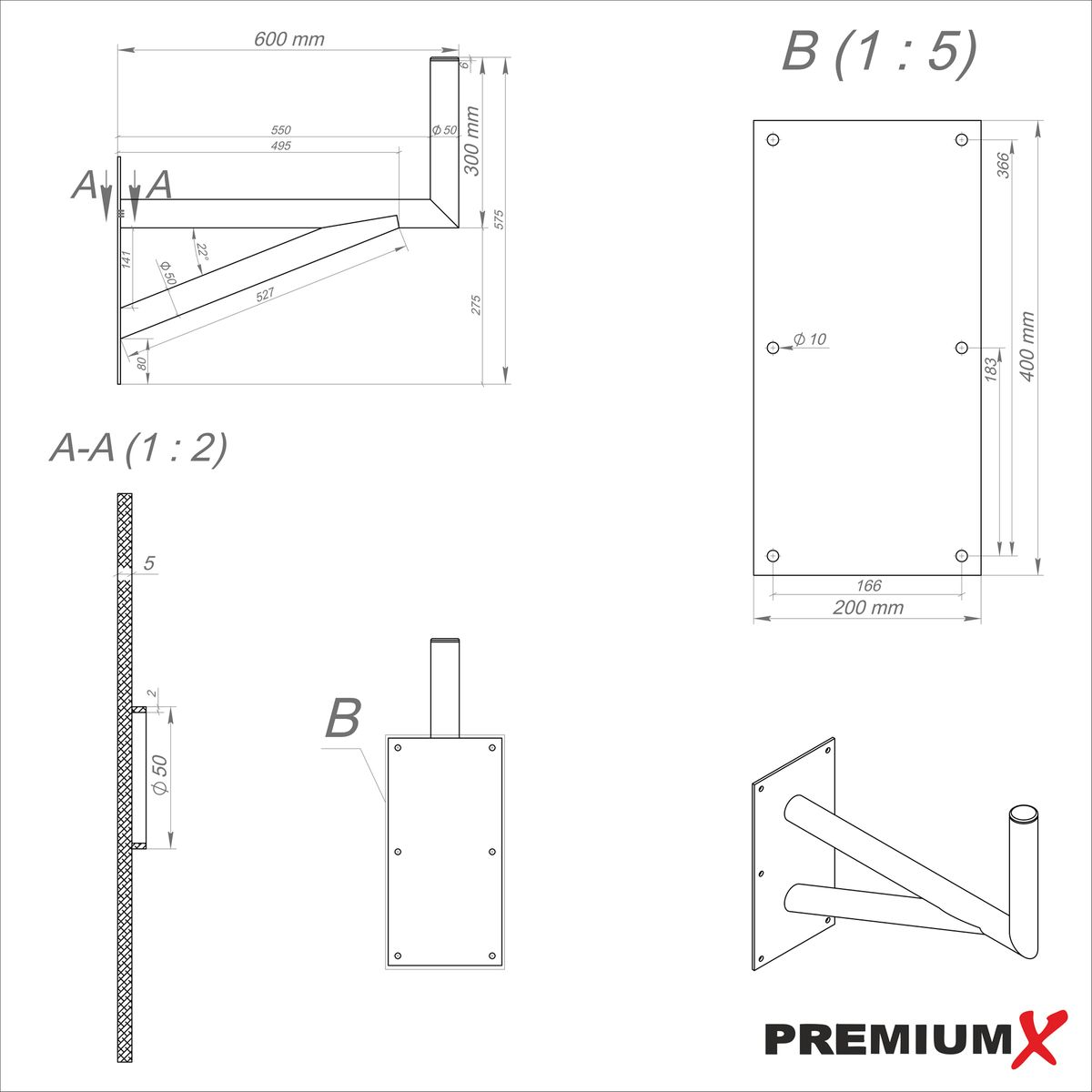 Diagramm der Montagehardware, mit Abmessungen und Beschriftungen.