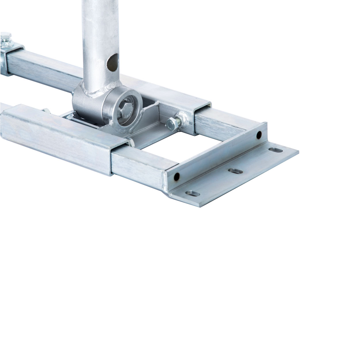 Metallisches Metallteil, wahrscheinlich industriell, mit zylindrischer Komponente und rechteckiger Basis.