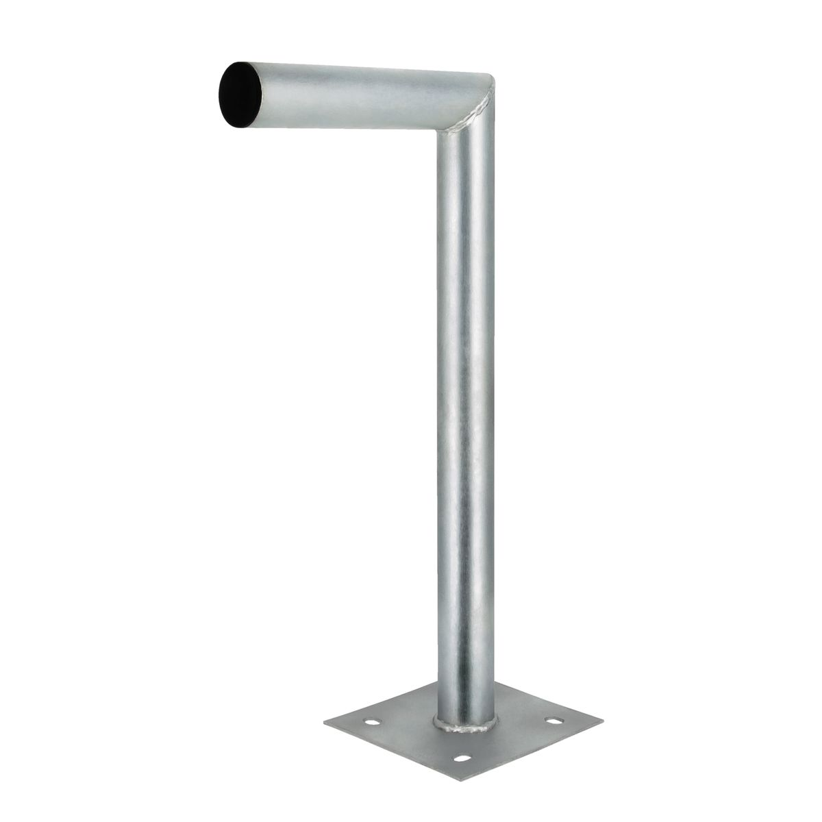 Ein silberner Metallpfosten, rechtwinklig gebogen, mit quadratischer Basis.